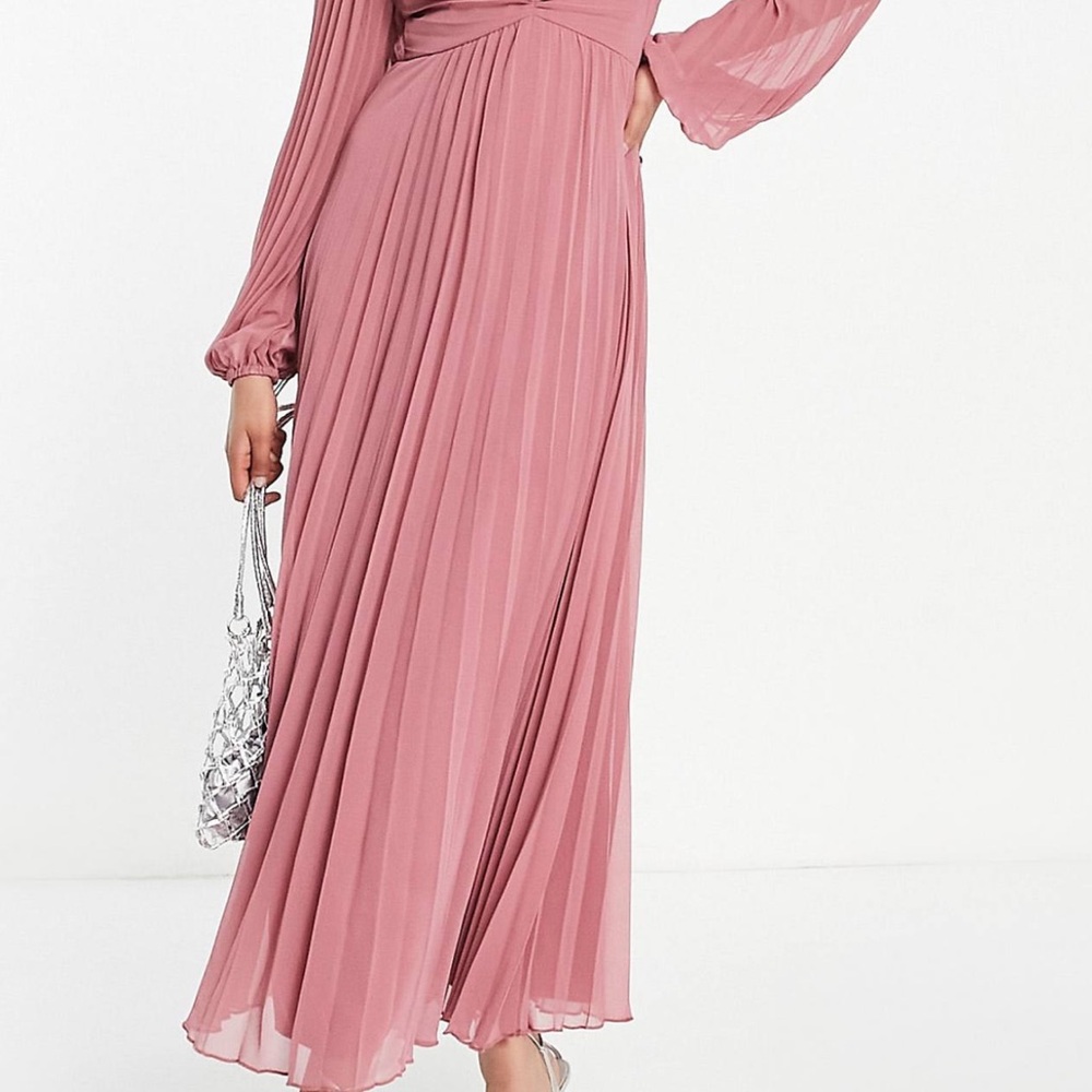 Asos Design Pleated Bodice Plunge Neck Midi Dress in Rose - Picture 3 of 8